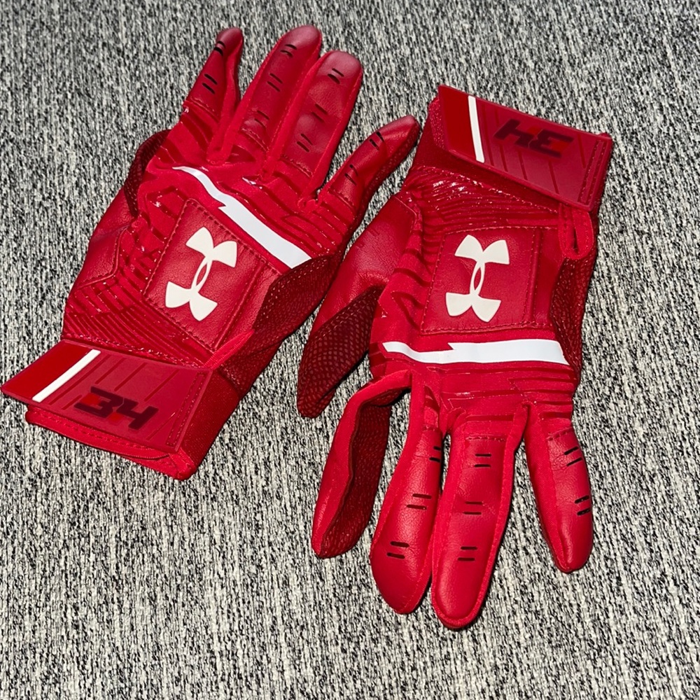 Red Under Armour batting gloves youth